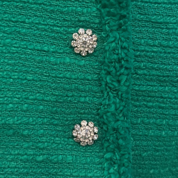 ZARA Women Green Tweed Rhinestone Jewel Button Holiday 3/4 Sleeve Jacket Size XS - Picture 5 of 8
